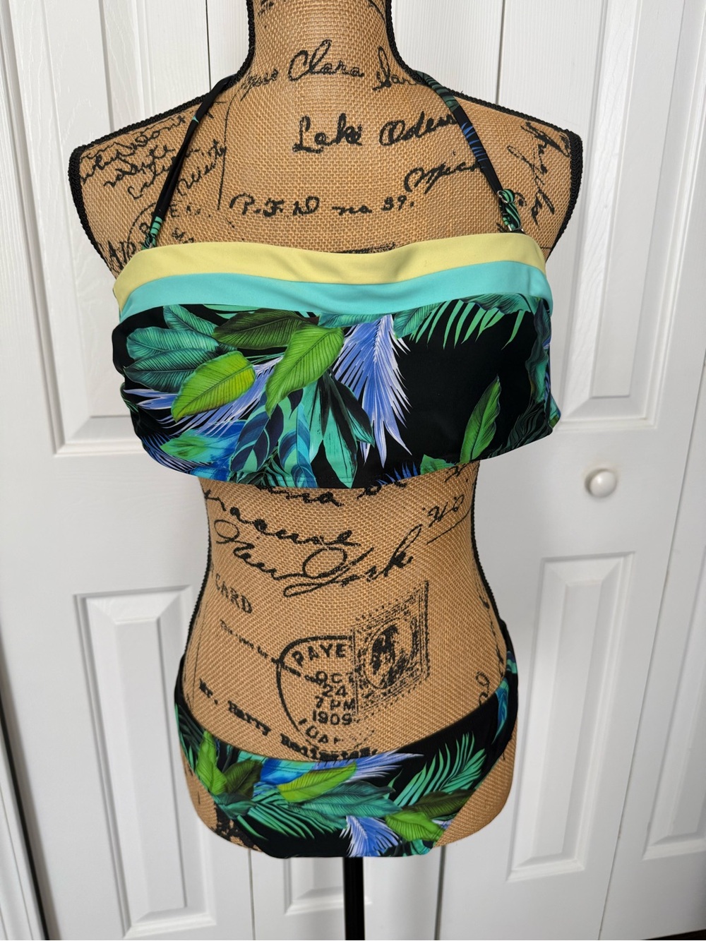 Salt + Cove Black Bandeau Bikini with Green & Blue Leaf Print
